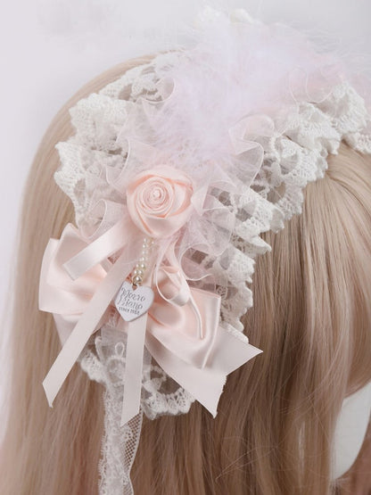 and Lace Hairband Lolita White Pink Sweet with Rose Decor Feather