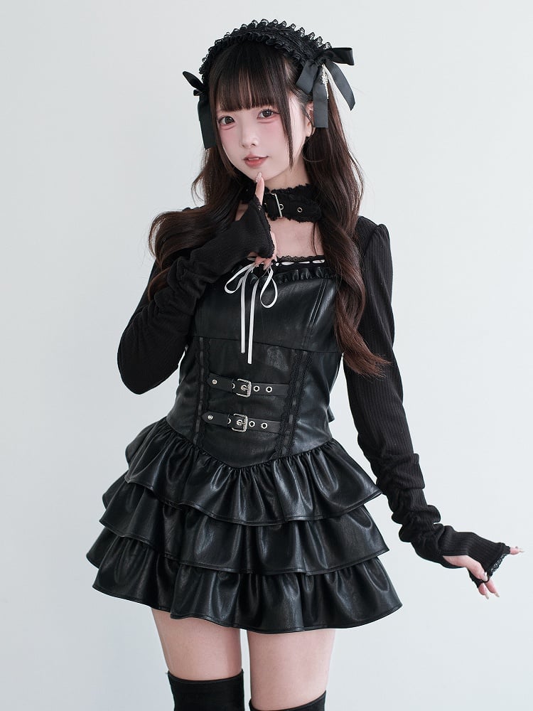 Dress Ruffled Kei Leather Multi-Layer Jirai Suspender Black