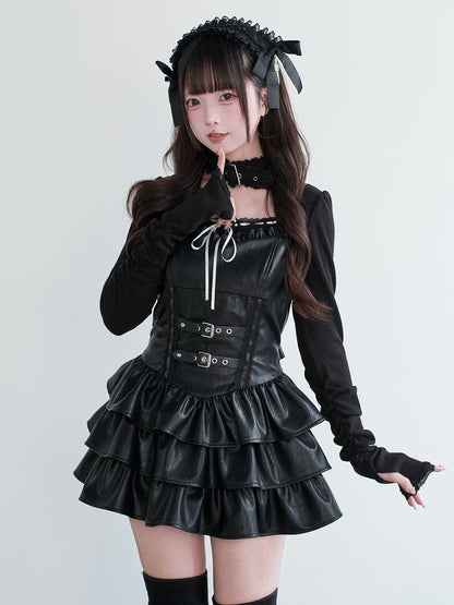 Dress Ruffled Kei Leather Multi-Layer Jirai Suspender Black