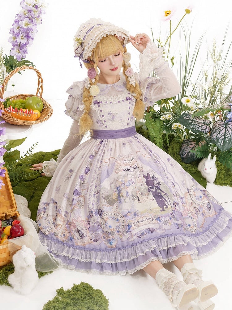 Kleid mit Blumenärmeln, Party- und Hasen-Lolita-Print mit abnehmbarem Tee