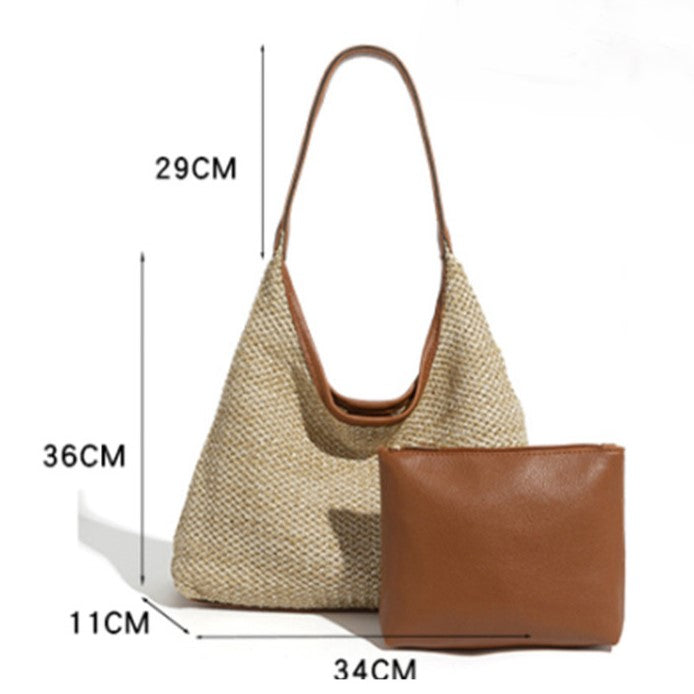 PU Strap with Shoulder Brown/White Straw Bags Woven Bag Nested