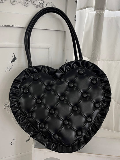 Schwarze Lolita-Schultertasche mit Rüschen, Spitzentasche, Herz-Geldbörse mit Rautenstich