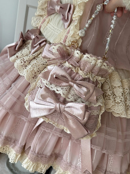 Bow-embellished Bead Beige Lolita Pink Lace with Chain Handbag Strap