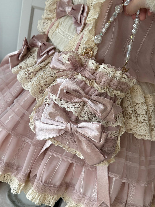 Bow-embellished Bead Beige Lolita Pink Lace with Chain Handbag Strap