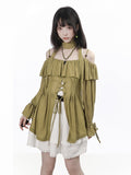 Ruffled Off-Shoulder Knit Top with Neck Scarf in Green - PINK SAVIOR