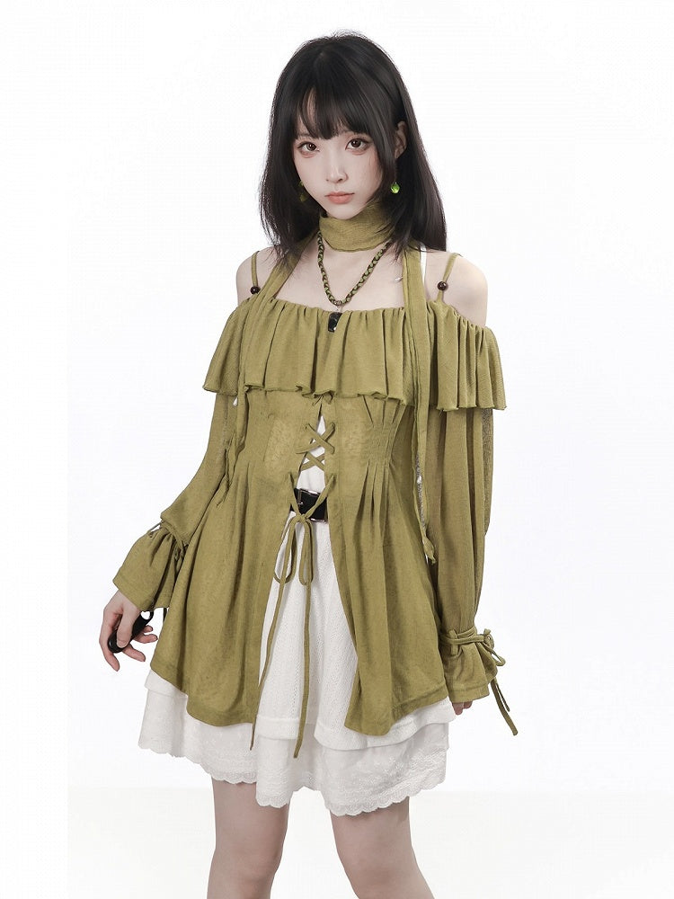 Ruffled Off-Shoulder Knit Top with Neck Scarf in Green - PINK SAVIOR