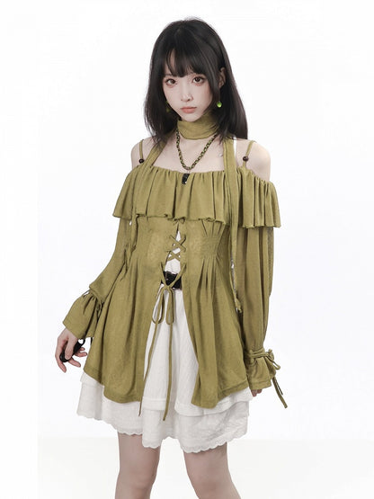 Ruffled Off-Shoulder Knit Top with Neck Scarf in Green - PINK SAVIOR