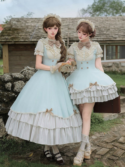 Puff-Sleeve Short Dress in Beige and Blue with Scalloped Hem and Bows - With PUJI