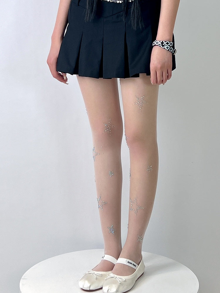 White Y2K Rhinestone Star Decorated Tights