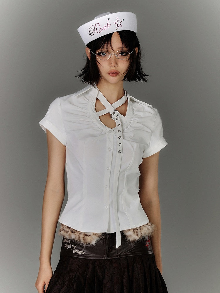 Back White Buckle Y2K Strap Neckline Butterfly Cutout Detail Shirt