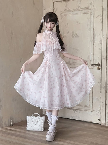 Floral Print Long Dress with Rhinestone Bow Tie - Ekomi