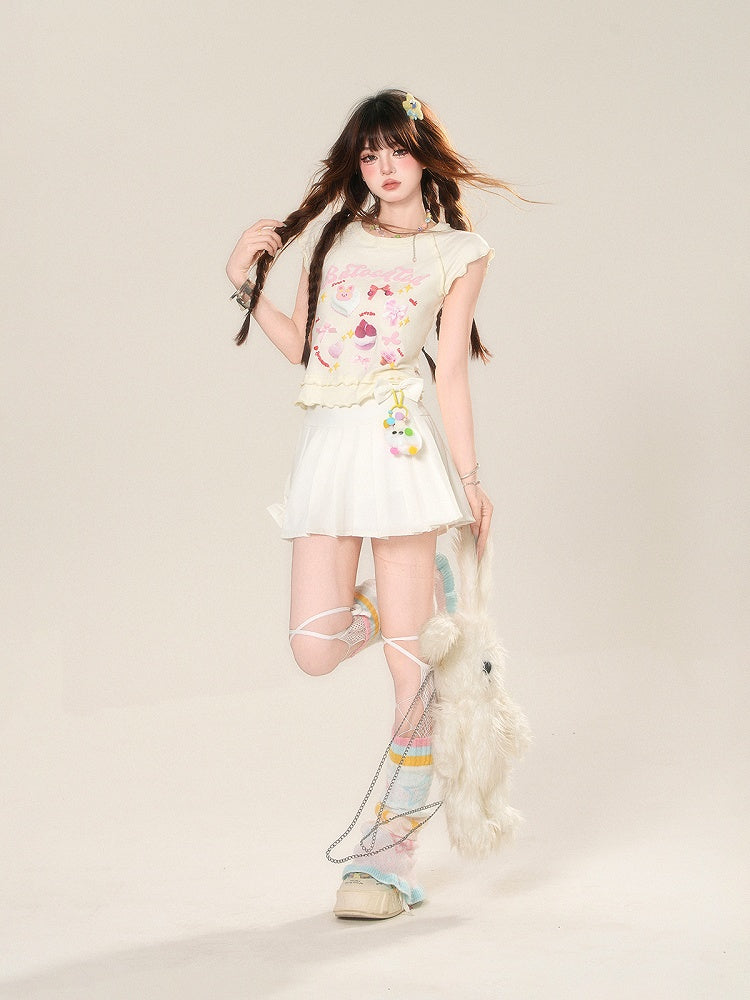 Glamorous Dessert Print Ruffled T-shirt Sweet Trim Pink/Apricot