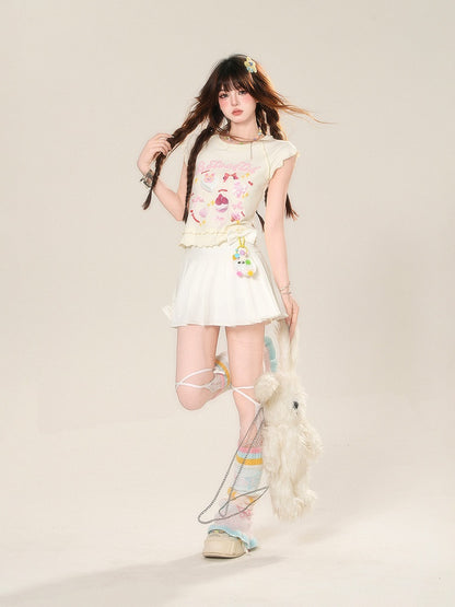 Glamorous Dessert Print Ruffled T-shirt Sweet Trim Pink/Apricot