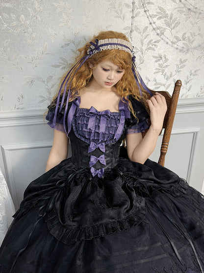 Schwarz-lila Jacquard-Rock mit Kordelzug und quadratischem Ausschnitt, klassisches Lolita-Kleid