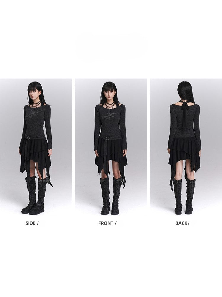 Skirt Gothic Faux Two-Piece Gray Hem Top Off-Shoulder Handkerchief Halter Dress: Studded Tiered Dark