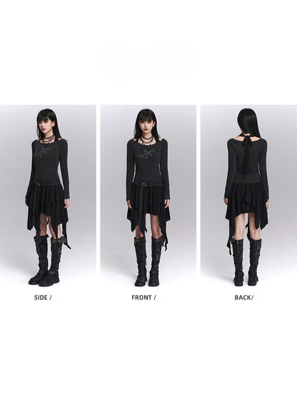 Skirt Gothic Faux Two-Piece Gray Hem Top Off-Shoulder Handkerchief Halter Dress: Studded Tiered Dark