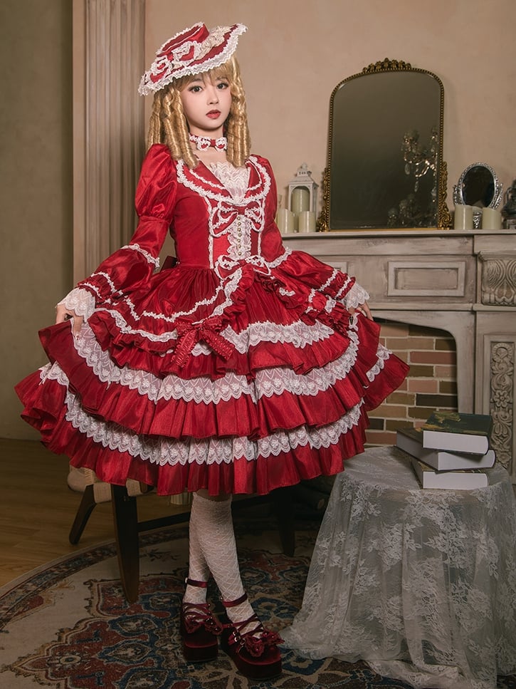 Wunderschönes Lolita-Kleid mit gestuftem Rüschenrock, Puffärmeln und Glockenärmeln in Rot
