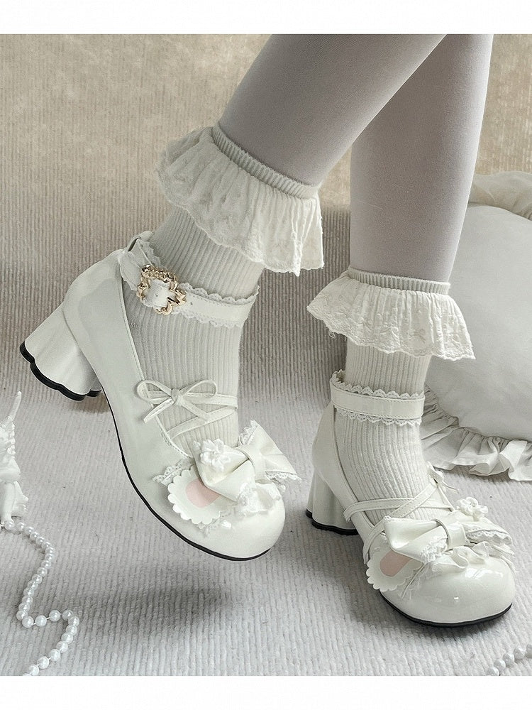 White Cherry Blossom Buckle Sweet Lolita Shoes with Bunny Ear Heel - Cherry Bunny