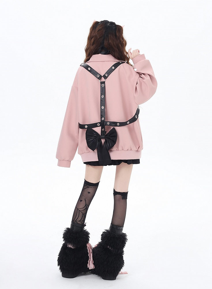Pink Heart-shaped Snap Baseball Jacket with Detachable Bowknot Strap