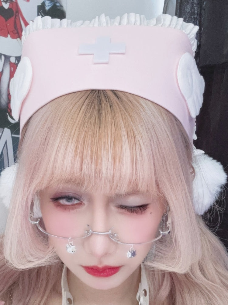 Blue/Pink Cross Wing Lace Trim Yami Kawaii Hat