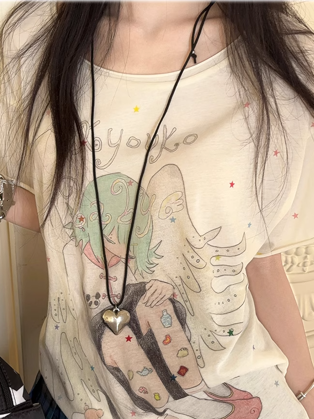 Cartoon Round Neck T-shirt Angel Print Apricot