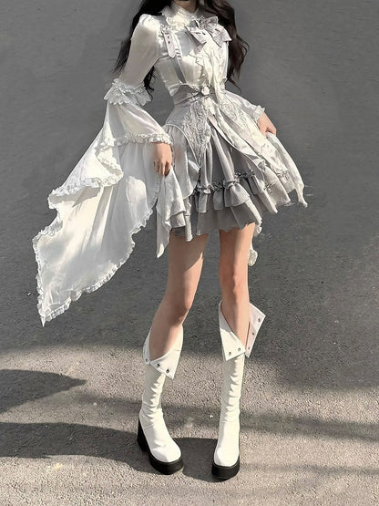 White Ruffled Bell Sleeve Gothic Lolita Blouse with Bow Tie - Unknown Star