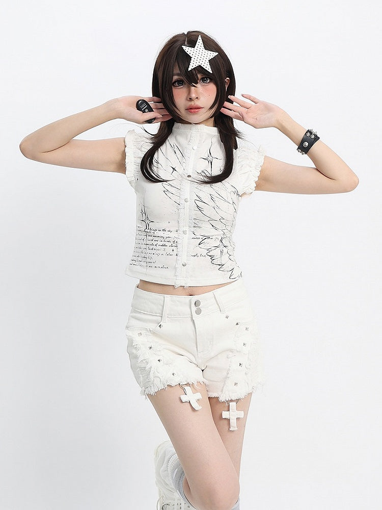 Sweet Kawaii White Distressed Shorts with Rivet and Cross Decor - Catwish