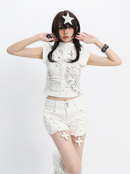 Sweet Kawaii White Distressed Shorts with Rivet and Cross Decor - Catwish