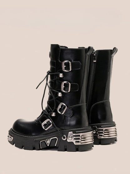 Punk Plates Black Mid-Calf Boots Platform Gothic - Fastening Metal Triple