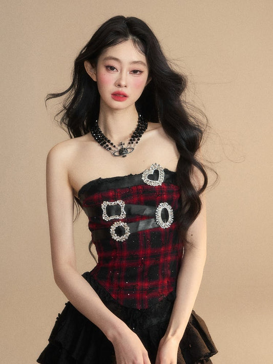 Schwarz kariertes Strassschnallen Spitzenbesatz Glamouröses trägerloses Top Rot