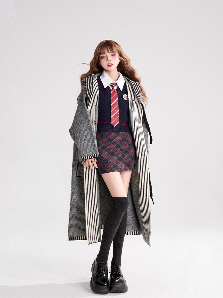 Cardigan Coat Tie-Front Closure Striped Bow Preppy Vintage with Gray Hooded
