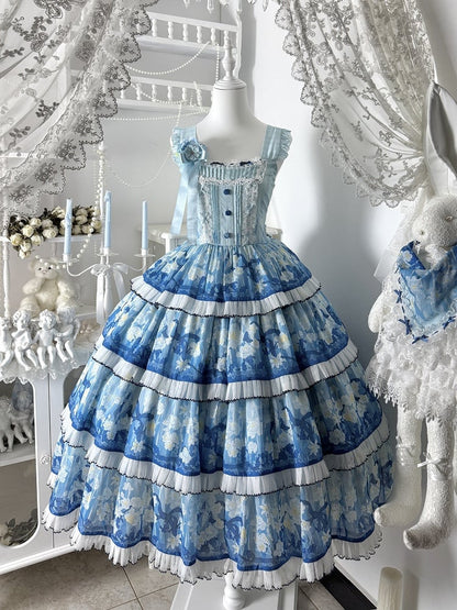 Blue Classic Lolita JSK Dress with Narcissus Print Hem - Flower Ferry Lolita