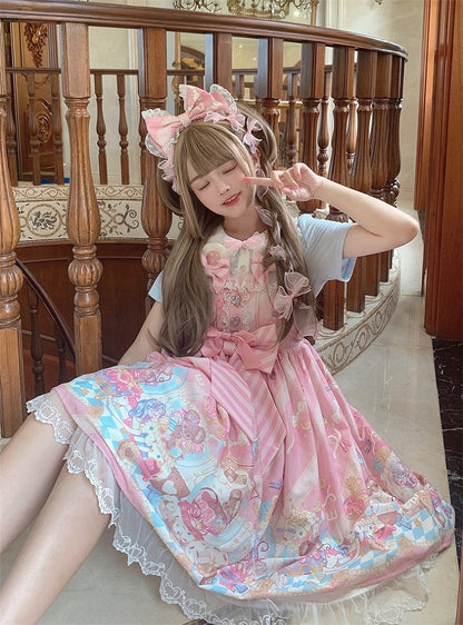Ears Bow Pink Big Neckline JSK Sweet Lolita Dress Adorable Mouse Print Mouse Design