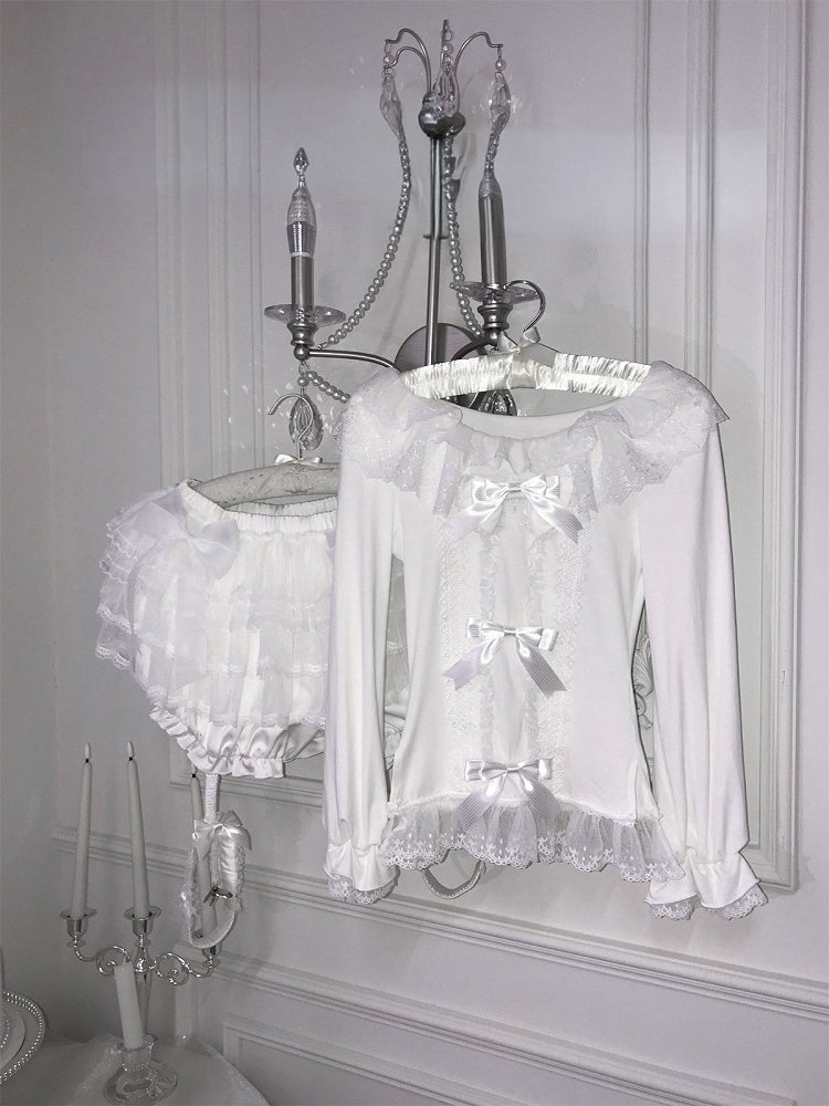 Long-Sleeved White Lace Bow-Embellished Blouse with Coordinating Choker - HBreaker