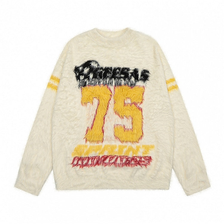 Aprikosen-Zahlenmuster, lockerer Pullover im Preppy-Stil