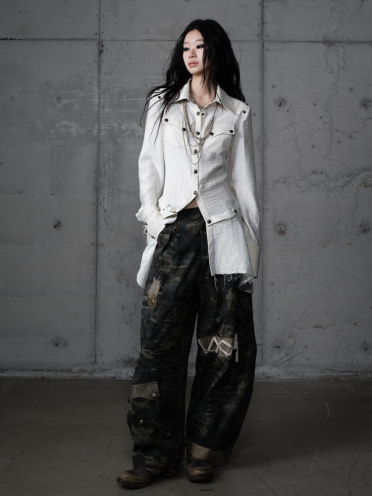 Punk Vintage Detachable Hem Patchwork White Back PU with Shirt Deconstructed