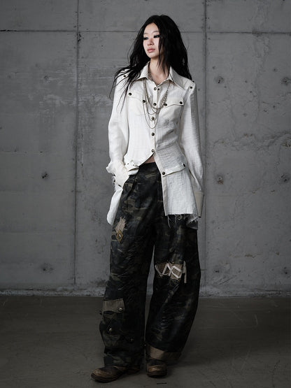 Punk Vintage Detachable Hem Patchwork White Back PU with Shirt Deconstructed