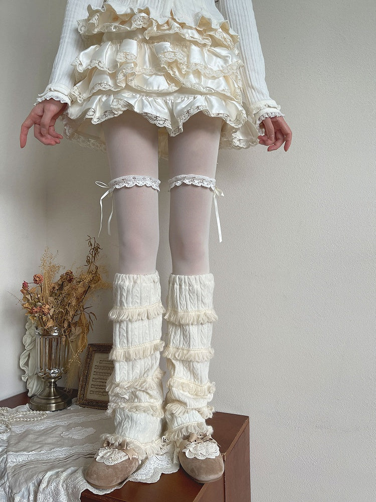 Warmers Cable Leg White Fluffy Knit Trim Ruffled Multi-layered With