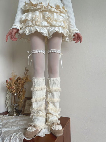 Warmers Cable Leg White Fluffy Knit Trim Ruffled Multi-layered With