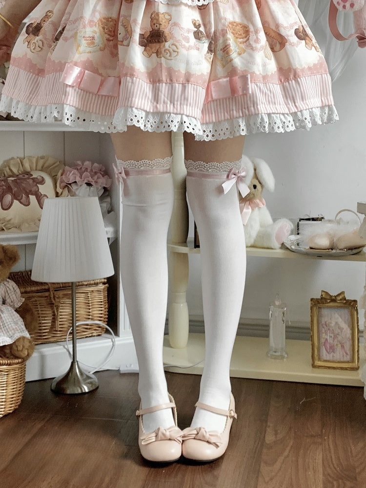 Satin Bowknot Lace Trim Black/Pink Stockings
