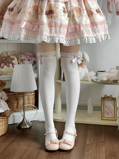 Satin Bowknot Lace Trim Black/Pink Stockings