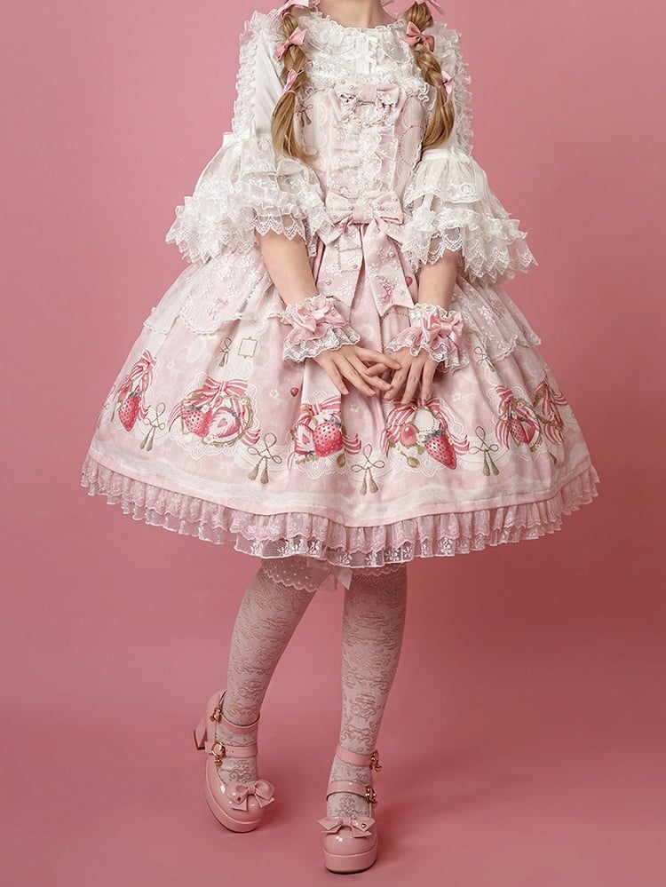 Print Süßer Rock Erdbeerrosa Pullover Lolita