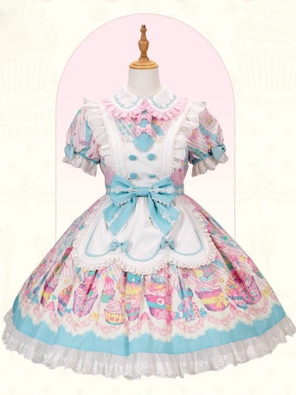 Bunny Collar Dress Pan Lolita Maid Blue Print Cupcake Peter and Pink