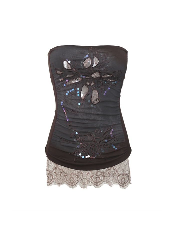with Sequins Bustier Reflective Top Brown Cutouts Embroidered Floral Dark