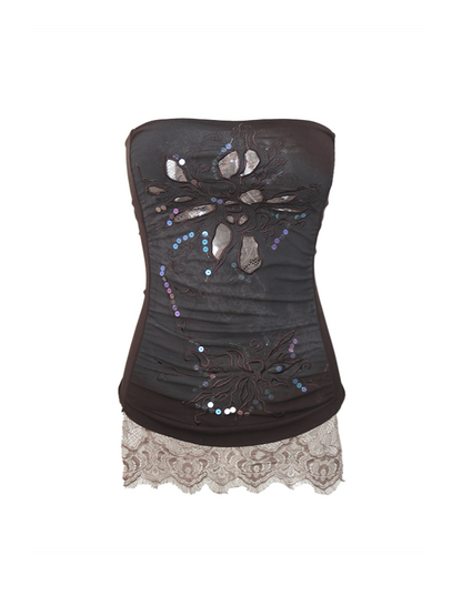 with Sequins Bustier Reflective Top Brown Cutouts Embroidered Floral Dark
