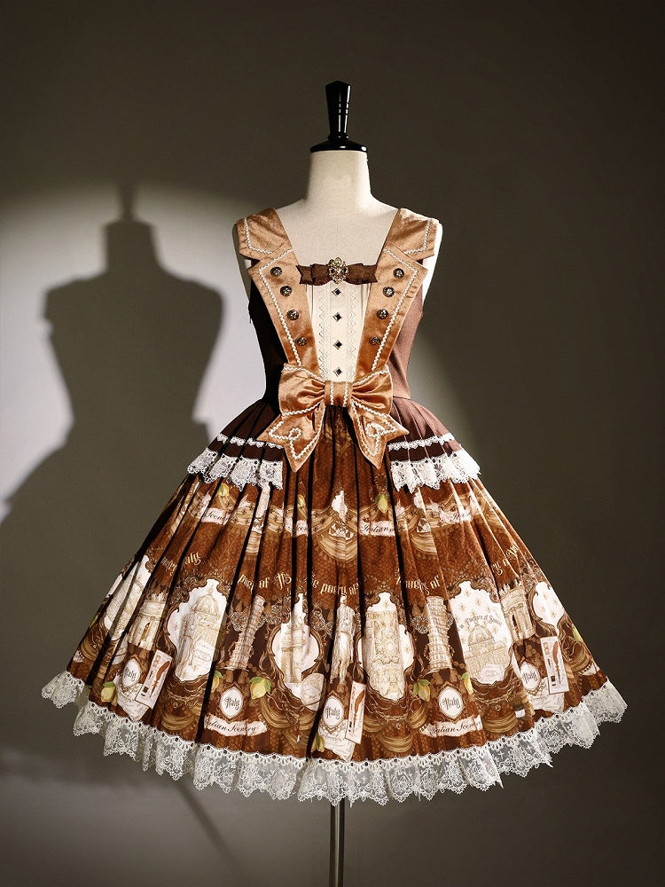 Brown Vintage British-Style Lolita JSK Dress with Metal Buttons & Lace - Alice Girl