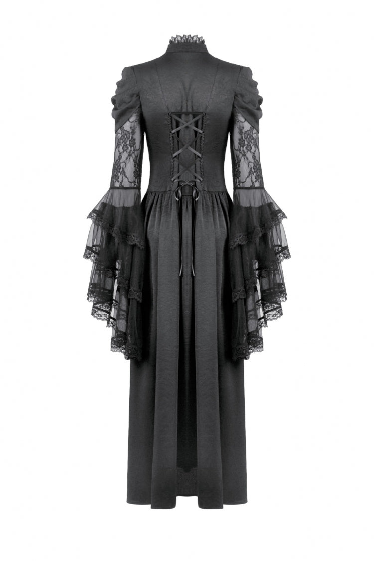 Black Stand Collar Trumpet Sleeve Lace Wedding Gothic Dress