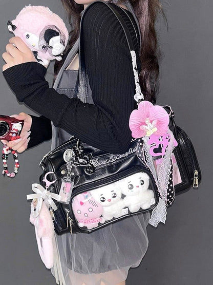 Black with Display PU Window Letter Embroidery Ita Bag