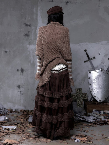 with Layered Trim Waist Ribbon Skirt Vintage Brown Lace Bohemian Suede Bead