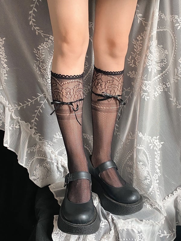 White/Black Calf Ribbon Bow Lace Socks Breathable